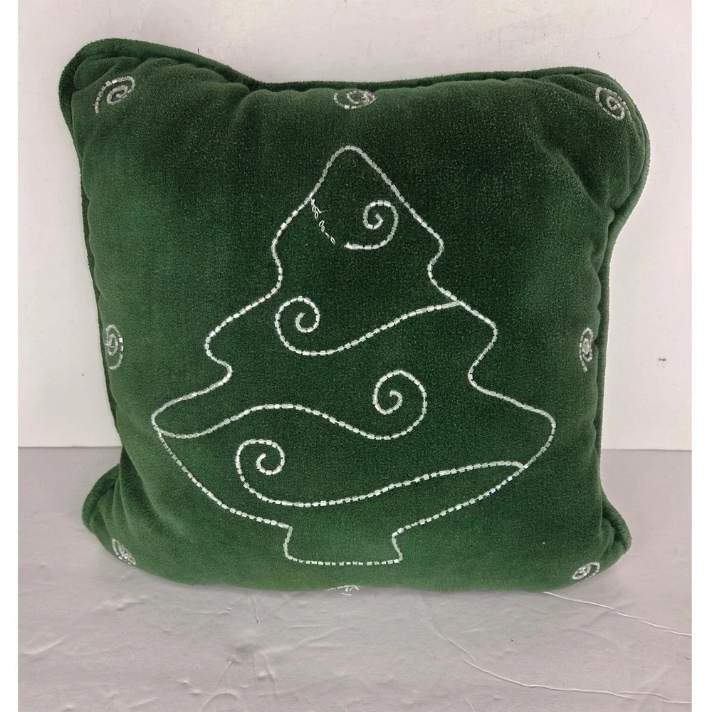 Green Velvet Christmas Tree Beaded Throw Pillow Holiday Decor 12x12